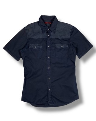 Prada Milano Utility Short Sleeve Button Up Shirt Mens M Navy Blue Cotton Linen