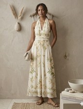 Farm Rio Floral V-Neck Chiffon Maxi Dress Neutral Motif Small NWT