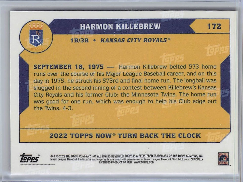 2022 Topps Now Turn Back the Clock #172 Harmon Killebrew Kansas City Royals 2/7 - Image 2 of 2