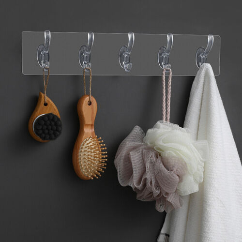 Transparent Sticky Hook Wall Hooks Adhesive Sticker 3/5/6 Rows Hanger Home Decor - Afbeelding 1 van 13