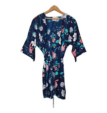 Vintage Katherine Bishop Kimono Robe Women's Small Blue Floral Gown Waist Tie
