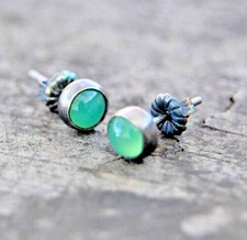 Pair of retro light Green Synthetic Jade earrings studs in a bezel setting 8mm