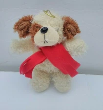 HugFun Beige Teddy Bear Brown Ears Spot Red Scarf Plush Ornament 6"
