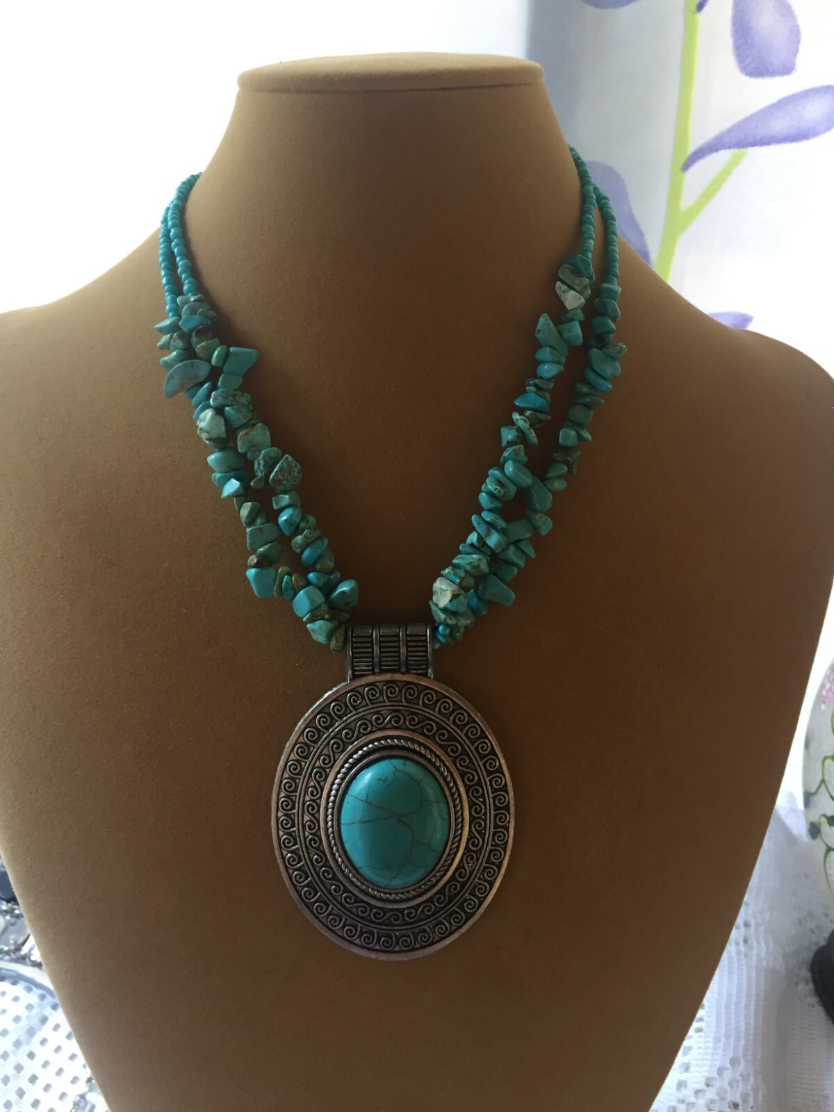 Turquoise and Silver Tone Statement Necklace 17 -… - image 2
