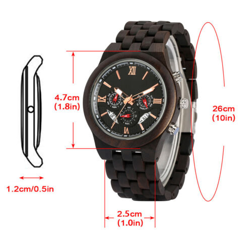 Black Sandalwood Watch Men's Chronograph Wooden Quartz Wristwatch Wood Bracelet - Picture 5 of 8