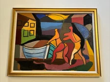 ANTIQUE PAINTING JO CAIN WPA ARTIST ABSTRACT CUBISM MID CENTURY FAMOUS FIGURES