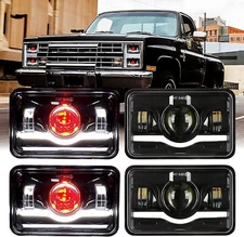 4PCS 4X6" LED Headlights Red Devil Eye DRL For Chevy C10 Pickup Truck 1981-1987