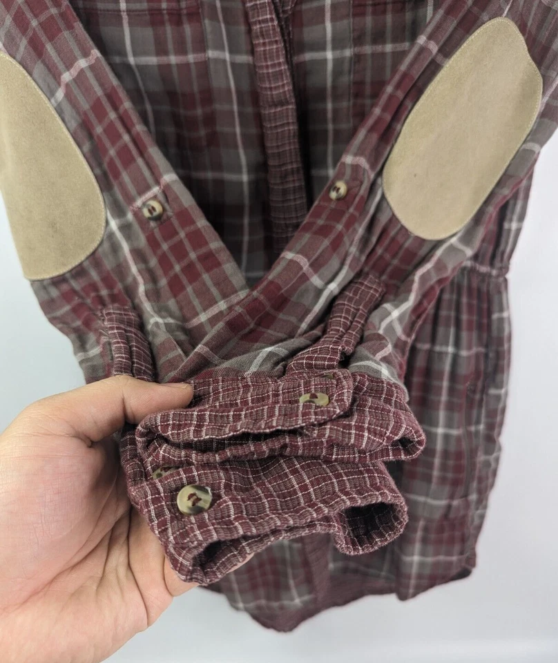 Hurley Button Maroon Plaid Small Dress w/Elbow Patches V-Neck Tunic Zip Pockets - Image 3 of 4