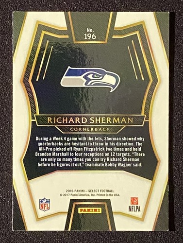Tarjeta de fútbol americano esquinero de los Seattle Seahawks 2016 de la NFL Richard Sherman Panini #196 - Imagen 2 de 2