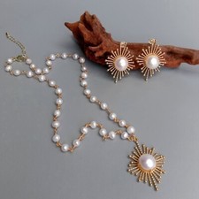Cultured White Potato Pearl Necklace Earrings Set Women Jewelry Sets Gift