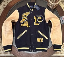 Ralph Lauren Gent  s Size Medium Varsity Wool  Leather Jacket New W Tags Navy