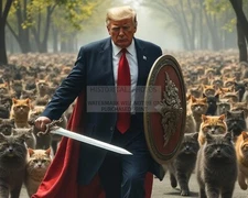PRESIDENT DONALD TRUMP DEFENDING THE CATS SWORD & SHIELD 8X10 AI PHOTO