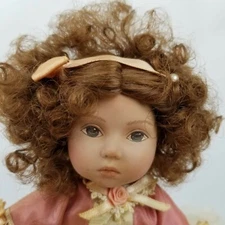 Vintage Tuss Porcelain Doll Sarah Pink White Dress Curly Hair Hazel Eyes 