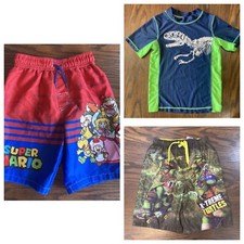 Boys Size 7 L Swim Trunks Shorts Shirt Dinosaur Mario Ninja Turtles Swimwear Lot