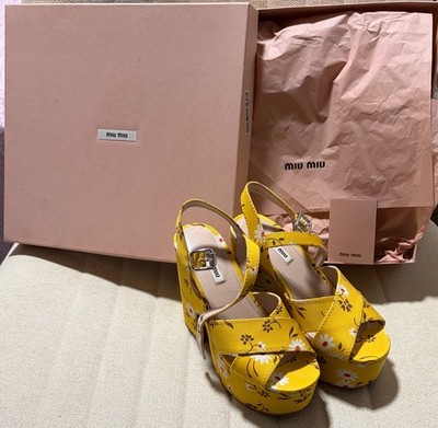 MIU MIU Gabardine Daisy Topazio Yellow Platform Wedge Sandals Size 37.5 EU