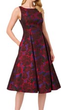 Adrianna Papell Metallic Jacquard Tea-Length Fit & Flare Purple Red Dress Sz 8