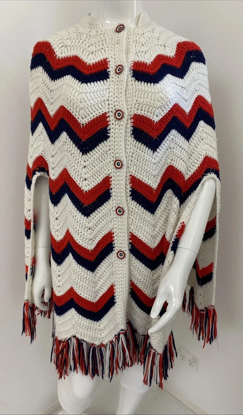 OS Fits To 18 Vintage Hand Crafted Red White Blue Chevron Stripe Crochet Poncho