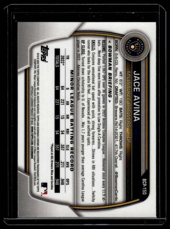 2023 Bowman Sapphire Edition #BCP-150 Jace Avina - Image 2 of 2