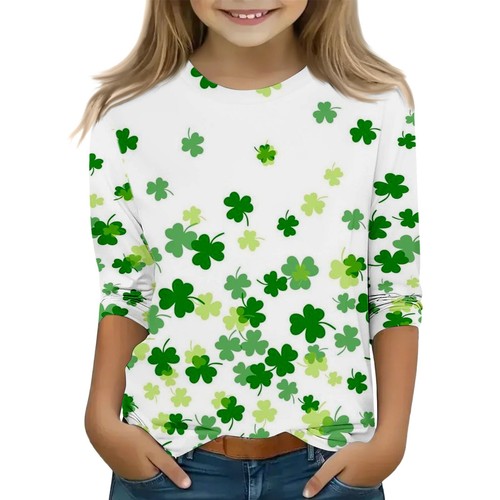 Kids St Day 3/4 Sleeve Green T Shirt Top Girls Funny St Day Shirt - Picture 23 of 33