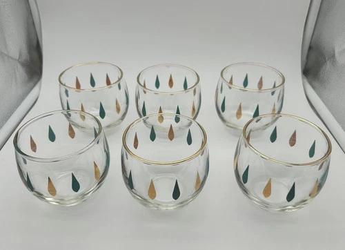 Vintage Set Of 6 Federal Glass roly-poly glasses Turquoise & Gold Tear Drop