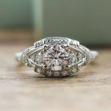 Art Deco Style Round Cut Lab Created Diamond Engagement 14K White Gold FN Ring