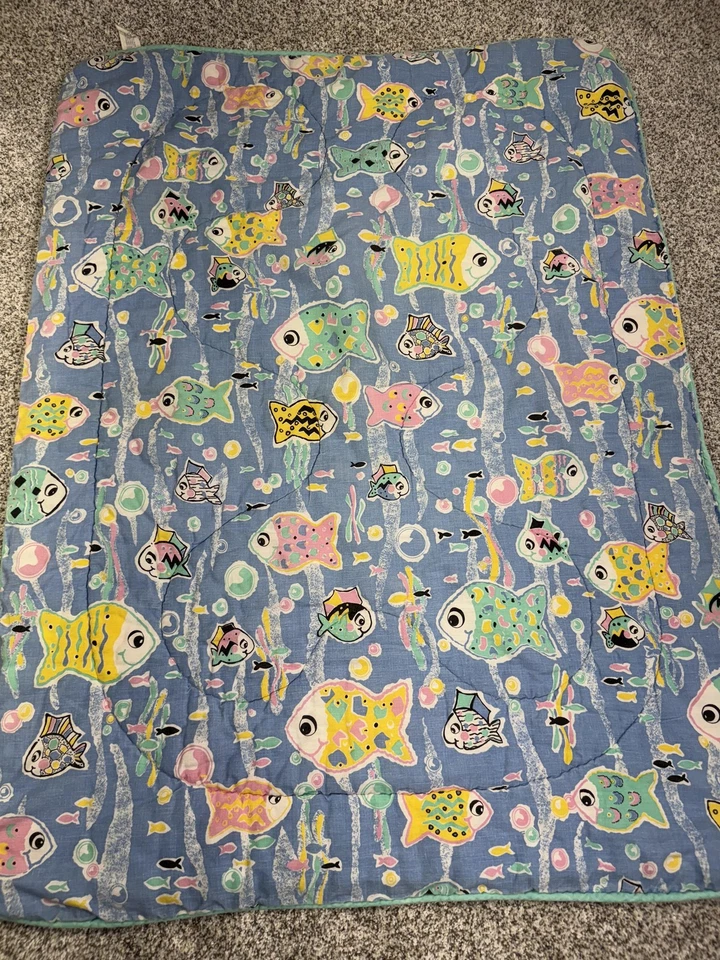 Manta bebé Gerber vintage estampado de peces ropa de cama de cuna años 80 pastel manta infantil Foto 2 de 4