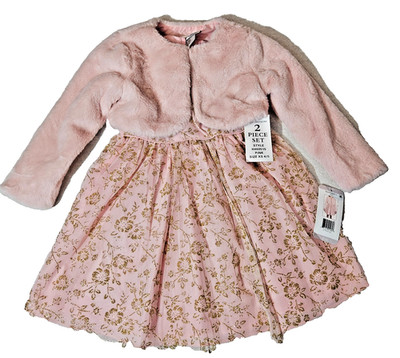 Dress & Faux Fur Coat 2 Piece Pink Long Sleeve Girl's XS 4-5 By Rare Editions