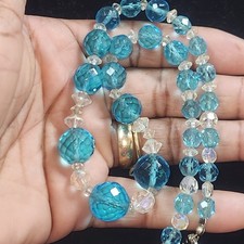 Vintage Aqua Blue AB Faceted Glass Bead Graduated Necklace 16 Inch Silver Tone