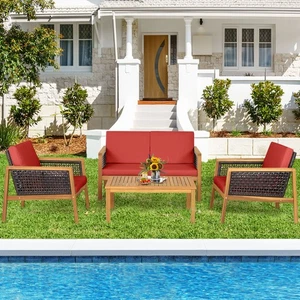 4PCS Patio Acacia Wood Furniture Set PE Rattan Conversation Set w/ Red Cushions
