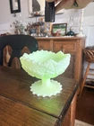 Fenton Uranium Pinwheel Green Custard Glass Pedestal Compote Candy Dish