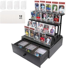 Wooden 4-Tier Trading Card Display Case, Sports Card Display Stand with Custom D