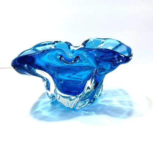 Vintage Murano Style Hand Blown Blue Art Glass Ashtray Bowl Swirl Mid Century