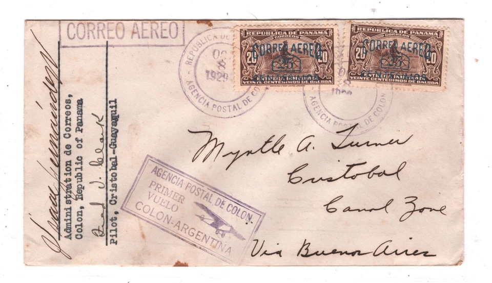 PANAMA Airmail Cover 1929 FIRST FLIGHT ARGENTINA Colon *PILOT SIGNED* Joffe KT81 - Image 2 of 4