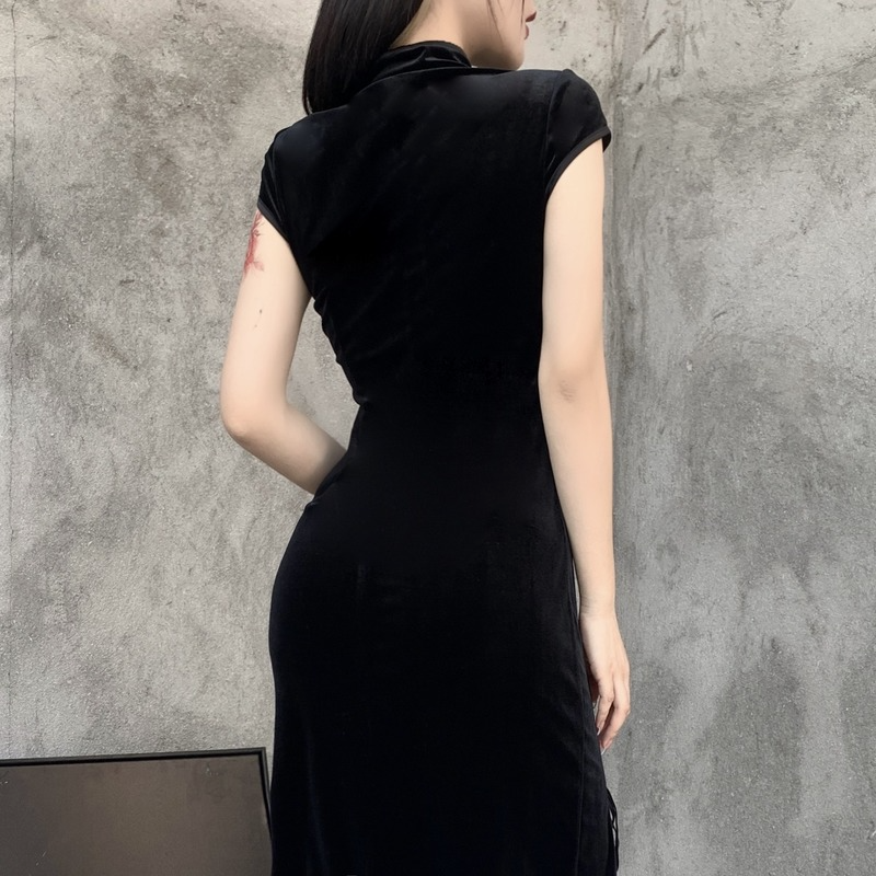 Women Chinese Cheongsam Black Qipao Long Dress Mandarin Collar Velvet  Gothic | eBay