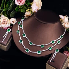 Top 2 Rows Cubic Zirconia Square Tennis Necklace Jewelry Set for Bridal Wedding