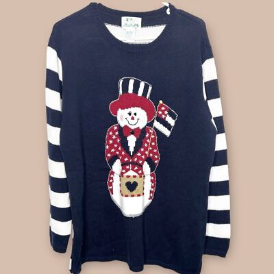 Vintage Quacker Factory snowman sweater size large cotton blend striped cute