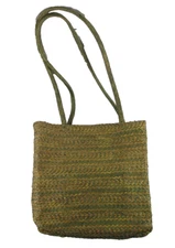 Straw Weave Green Yellow Beach Tote Shopper Open Top Colorful Fabric Lined