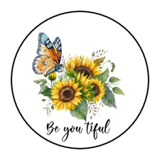 30 BE YOU TIFUL BEAUTIFUL SUNFLOWERS STICKERS ENVELOPE SEALS LABELS 1.5" ROUND