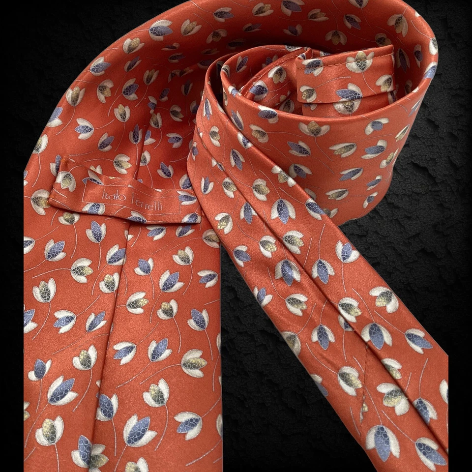Corbata de seda floral naranja ITALO FERRETTI hecha a mano en Italia con: 3,25" EXCELENTE ESTADO Foto 4 de 4