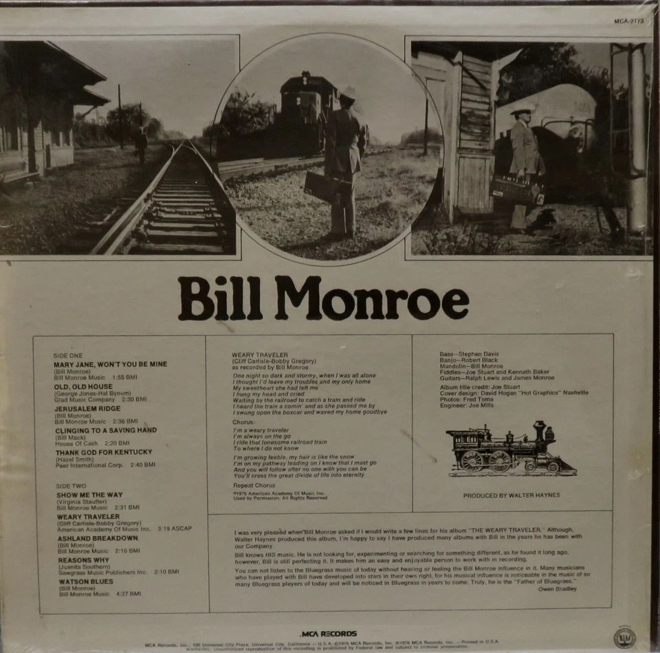 Bill Monroe - The Weary Traveler - MCA Records - 1976 - Vinyl - SEALED - Image 2 of 2