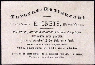 Taverne Restaurant E. Crets Fish Oysters Mussels FRENCH Victorian Trade Card