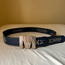Blue Croc Embossed Studded Leather Belt Silver M Buckle Statement Y2K 40"