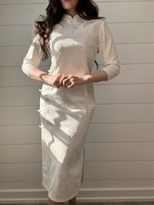 Cheongsam Ivory Dress Brocade Faux Pearl Midi Dress
