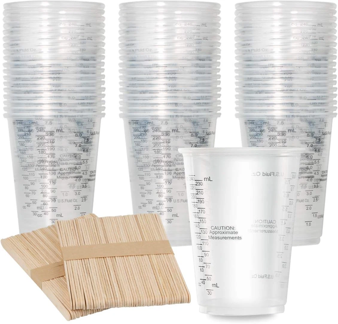100Pcs 8Oz Graduated Clear Plastic Measuring Cups with 100Pcs Wooden
