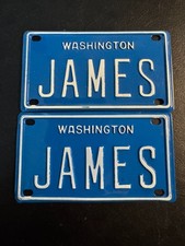 Two Mini Washington State Metal License Plates "James" 2" x 4"  for bike/trike
