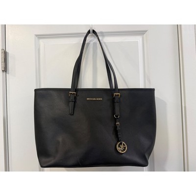 Michael Kors Jet Set Travel Large Saffiano Leather Tote Bag Black Gold Hardware
