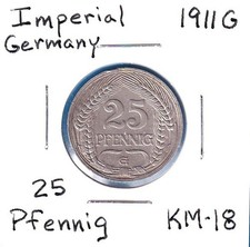 1911G German Empire 25 Pfennig (KM-18) Copper-Nickel [Wilhelm II] Karlsruhe Mint