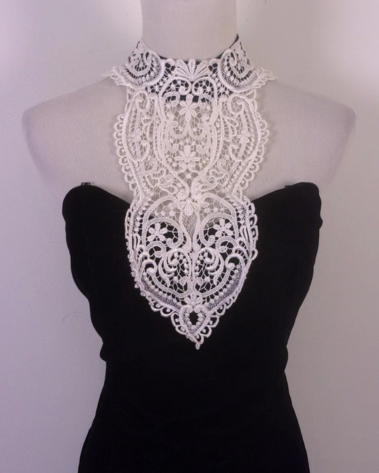 Vestido Gargantilla Vintage Años 80 Steppin' Out Negro Terciopelo y Encaje Baile de graduación Formal Talla 7 Foto 2 de 4