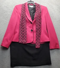 Le Suit 2 Piece Skirt Suit With Scarf Womens 12 Pink Single-Breasted Shawl Lapel