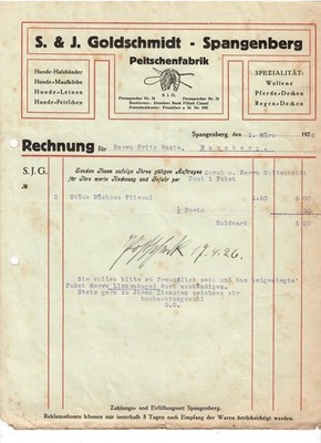 AJ2 Alte Rechnung S & J. Goldschmidt Peitschenfabrik Spangenberg 1926